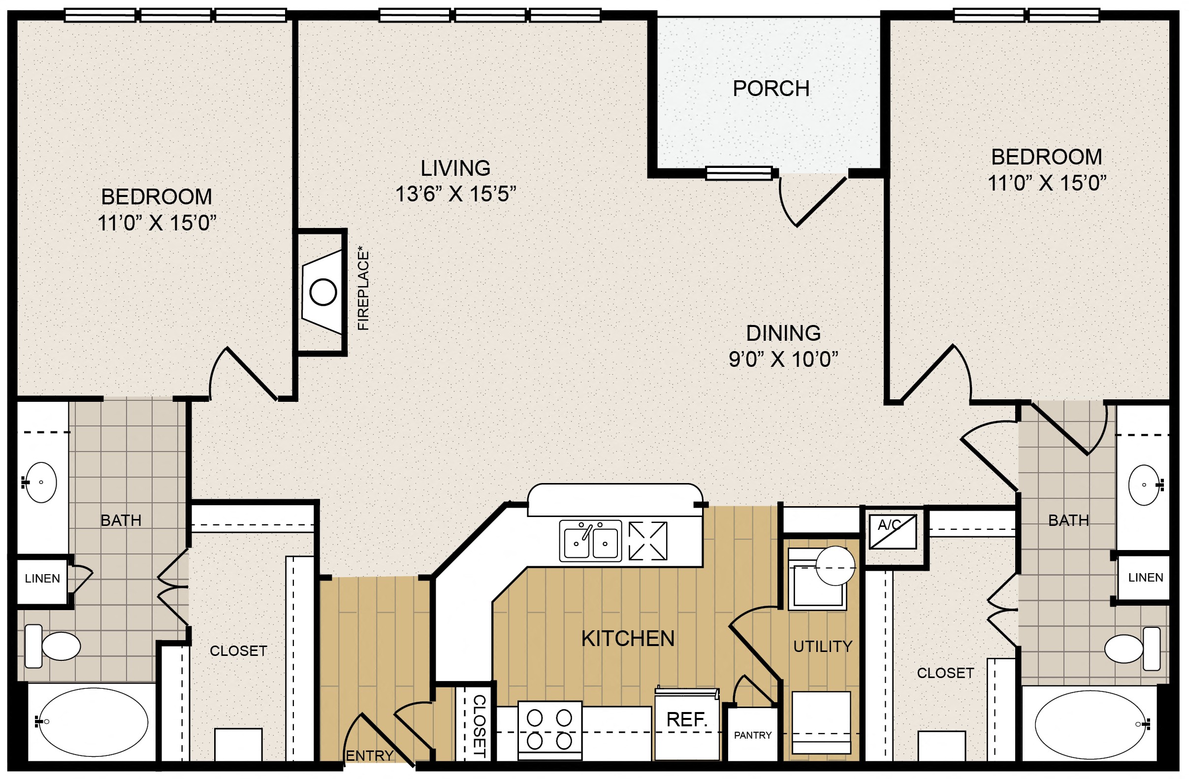 Floor plan for 2 beds, 2 baths, 1383 sqft